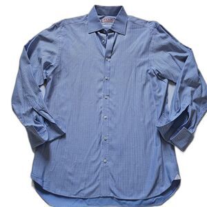 Thomas Pink Button Down Shirt Men’s 16 34 Blue Micro Check Slim Fit Cotton